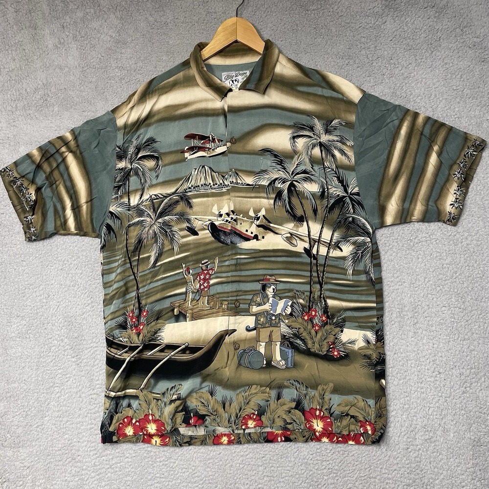 Vintage Big Dogs Men's Hawaiian Tropical Shirt Size Large Dog Beach Vacation